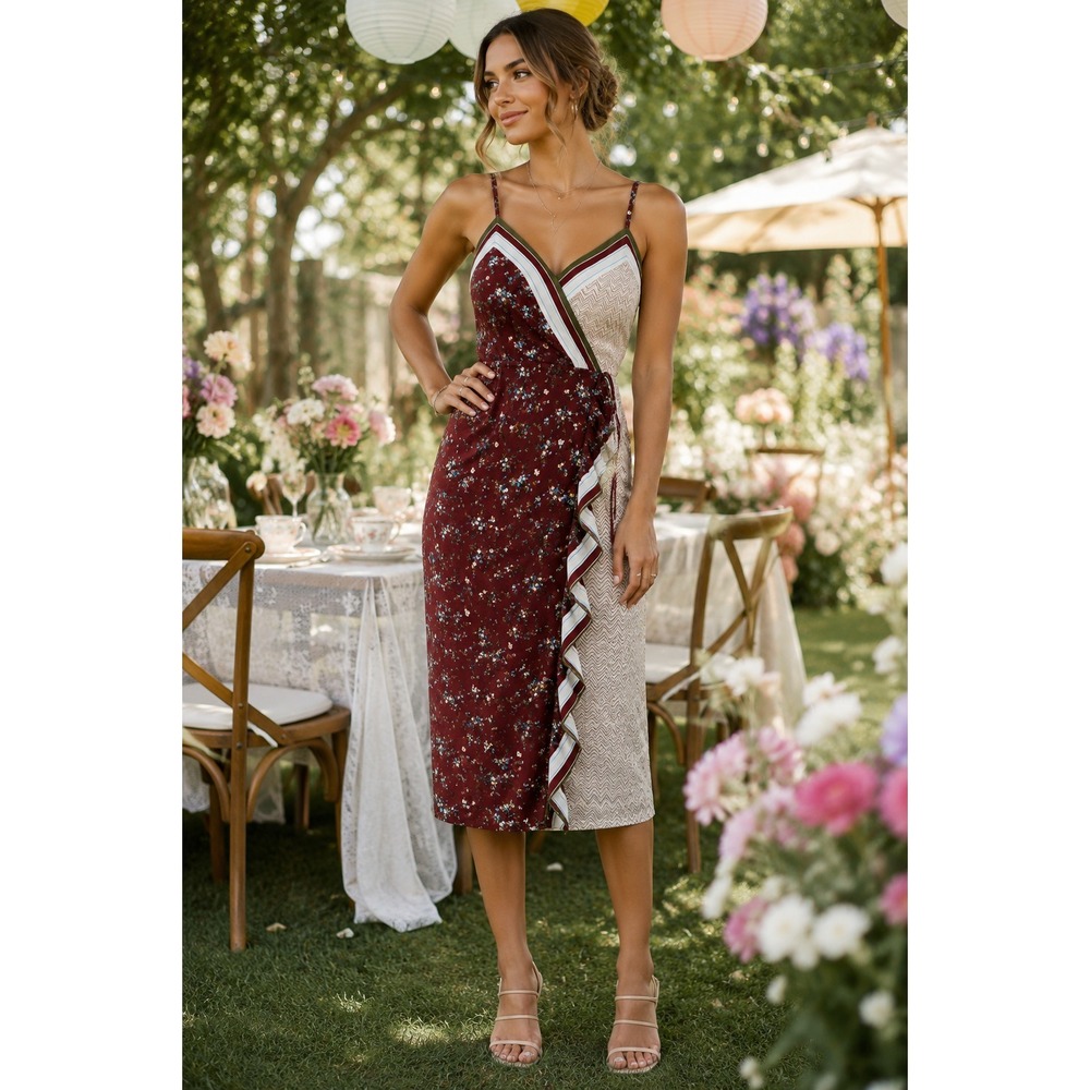 Mixed Print Burgundy‎  Faux Wrap Floral Chevron Dress Sz Large Boho Cottagecore